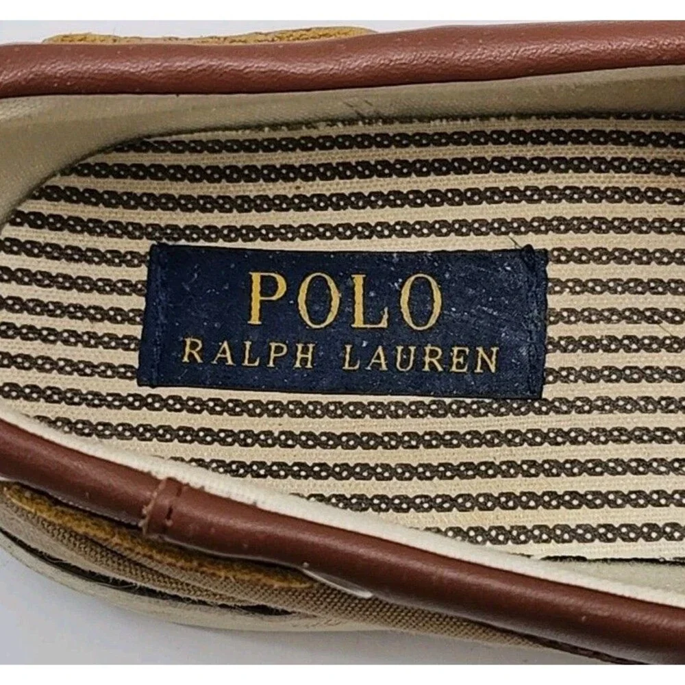 Polo Ralph Lauren Boat Shoes Men Sz 9.5 D Tan Brown Canvas Leather Rylander